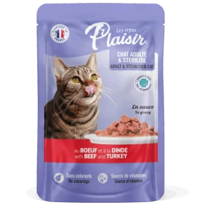 Plaisir Sachets fraîcheur 100g d&rsquo;émincés au BOEUF et DINDE en sauce (convient pour chat stérilisé)