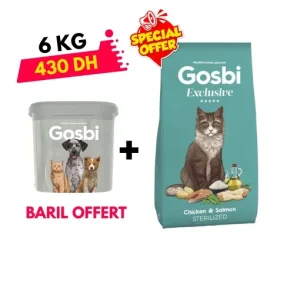 Gosbi Croquettes Exclusive Poulet et Saumon Pour Chat Stérilisé 6kg +Baril Gratuit